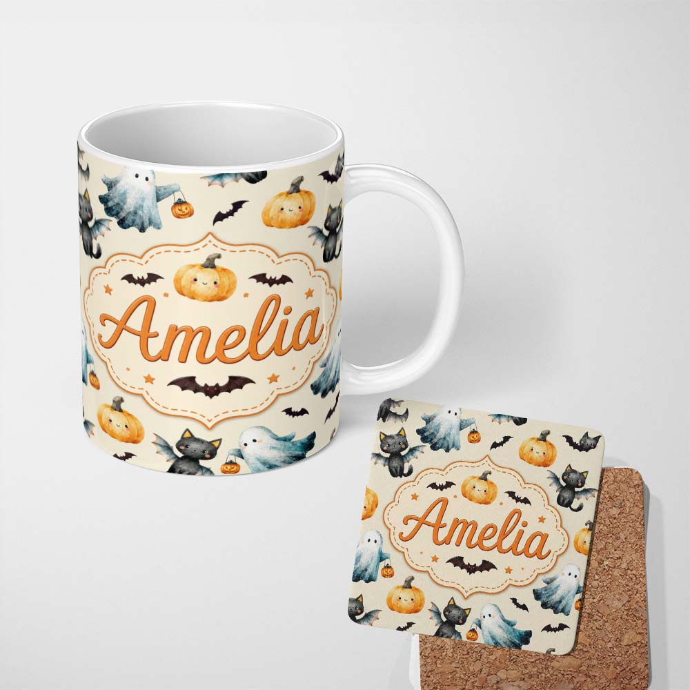 Personalized Custom Name Cute Halloween Ghost Pumpkin Bat Cat Seamless Pattern Cream 11oz Ceramic Coffee Tea Mug White Large Handle