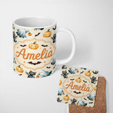 Personalized Custom Name Cute Halloween Ghost Pumpkin Bat Cat Seamless Pattern Cream 11oz Ceramic Coffee Tea Mug White Large Handle