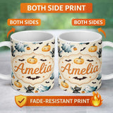 Personalized Custom Name Cute Halloween Ghost Pumpkin Bat Cat Seamless Pattern Cream 11oz Ceramic Coffee Tea Mug White Large Handle