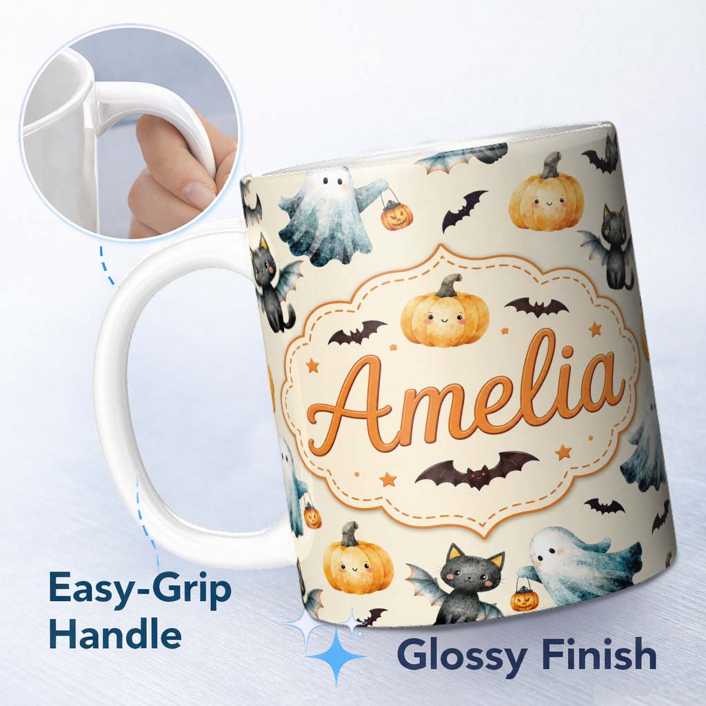 Personalized Custom Name Cute Halloween Ghost Pumpkin Bat Cat Seamless Pattern Cream 11oz Ceramic Coffee Tea Mug White Large Handle