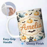 Personalized Custom Name Cute Halloween Ghost Pumpkin Bat Cat Seamless Pattern Cream 11oz Ceramic Coffee Tea Mug White Large Handle