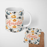 Personalized Custom Name Cute Halloween Ghost Pumpkin Bat Cat Seamless Pattern Light Grey 11oz Ceramic Coffee Tea Mug White Large Handle