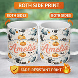 Personalized Custom Name Cute Halloween Ghost Pumpkin Bat Cat Seamless Pattern Light Grey 11oz Ceramic Coffee Tea Mug White Large Handle