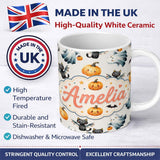 Personalized Custom Name Cute Halloween Ghost Pumpkin Bat Cat Seamless Pattern Light Grey 11oz Ceramic Coffee Tea Mug White Large Handle