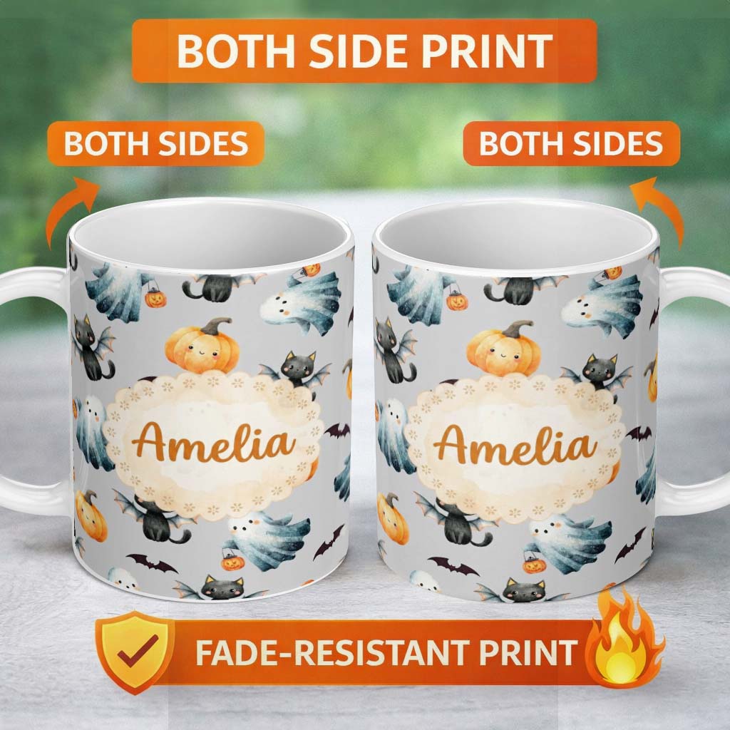 Personalized Custom Name Cute Halloween Ghost Pumpkin Bat Cat Seamless Pattern Beige 11oz Ceramic Coffee Tea Mug White Large Handle