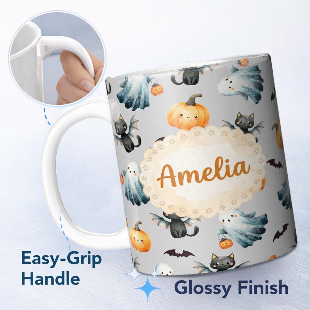 Personalized Custom Name Cute Halloween Ghost Pumpkin Bat Cat Seamless Pattern Beige 11oz Ceramic Coffee Tea Mug White Large Handle