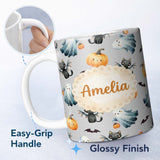 Personalized Custom Name Cute Halloween Ghost Pumpkin Bat Cat Seamless Pattern Beige 11oz Ceramic Coffee Tea Mug White Large Handle