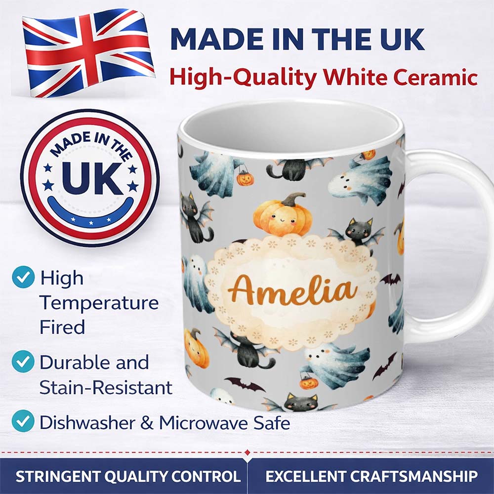 Personalized Custom Name Cute Halloween Ghost Pumpkin Bat Cat Seamless Pattern Beige 11oz Ceramic Coffee Tea Mug White Large Handle