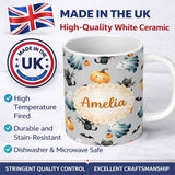 Personalized Custom Name Cute Halloween Ghost Pumpkin Bat Cat Seamless Pattern Beige 11oz Ceramic Coffee Tea Mug White Large Handle