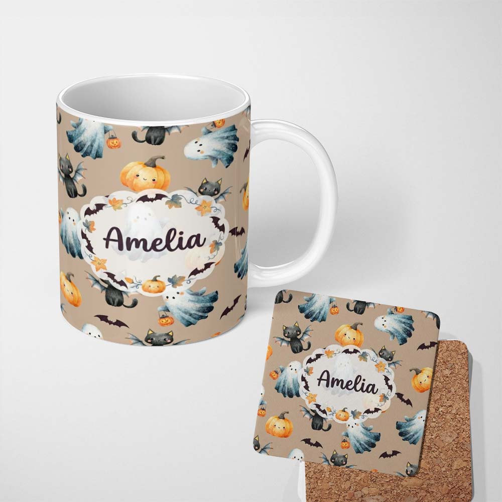 Personalized Custom Name Cute Halloween Ghost Pumpkin Bat Cat Seamless Pattern Warm Neutral 11oz Ceramic Coffee Tea Mug White Large Handle
