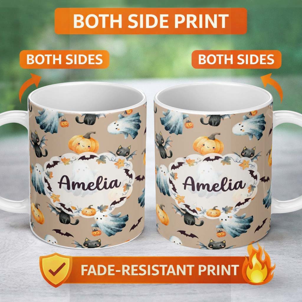 Personalized Custom Name Cute Halloween Ghost Pumpkin Bat Cat Seamless Pattern Warm Neutral 11oz Ceramic Coffee Tea Mug White Large Handle