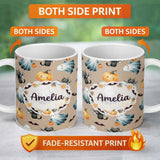 Personalized Custom Name Cute Halloween Ghost Pumpkin Bat Cat Seamless Pattern Warm Neutral 11oz Ceramic Coffee Tea Mug White Large Handle
