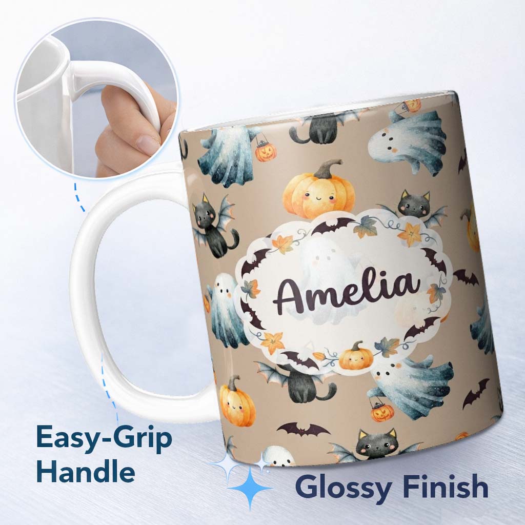 Personalized Custom Name Cute Halloween Ghost Pumpkin Bat Cat Seamless Pattern Warm Neutral 11oz Ceramic Coffee Tea Mug White Large Handle