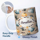 Personalized Custom Name Cute Halloween Ghost Pumpkin Bat Cat Seamless Pattern Warm Neutral 11oz Ceramic Coffee Tea Mug White Large Handle