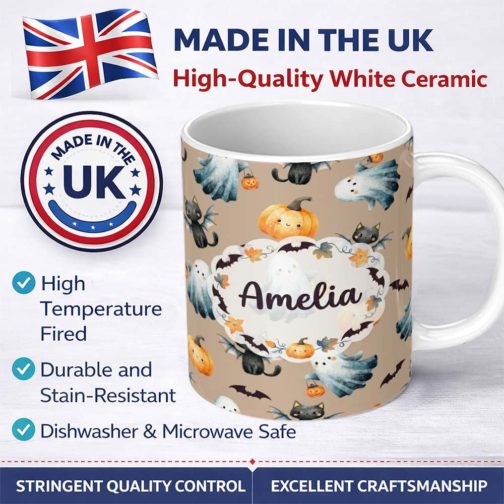Personalized Custom Name Cute Halloween Ghost Pumpkin Bat Cat Seamless Pattern Warm Neutral 11oz Ceramic Coffee Tea Mug White Large Handle