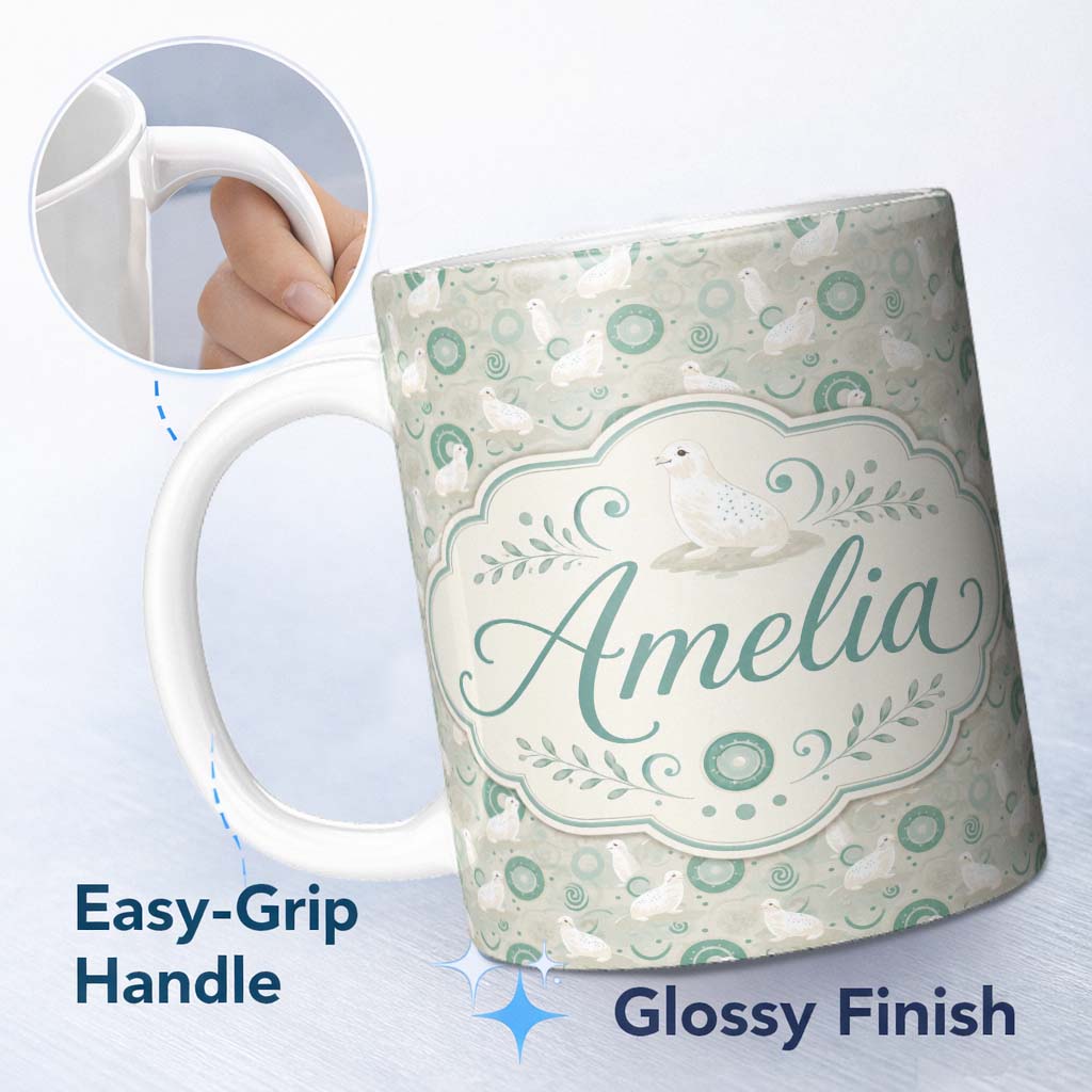 Personalized Custom Name Cute Seal and Coral Watercolour Pastel Ocean Scene Seamless Pattern 11oz Ceramic Coffee Tea Mug White Large Handle