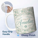 Personalized Custom Name Cute Seal and Coral Watercolour Pastel Ocean Scene Seamless Pattern 11oz Ceramic Coffee Tea Mug White Large Handle