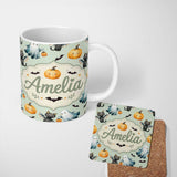 Personalized Custom Name Cute Halloween Ghost Pumpkin Bat Cat Seamless Pattern Sage Green 11oz Ceramic Coffee Tea Mug White Large Handle