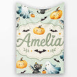Cute Halloween Ghost Pumpkin Bat Cat Seamless Pattern Sage Green  Personalised Custom Name Super Soft Fleece Blanket Bed Sofa Throw