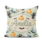 Custom Name Halloween Ghost Pumpkin Bat Cat Seamless Sage Green Square Filled Cushion Throw Pillow Sofa Bed Home Decor Zip Washable UK Made