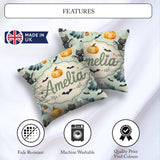 Custom Name Halloween Ghost Pumpkin Bat Cat Seamless Sage Green Square Filled Cushion Throw Pillow Sofa Bed Home Decor Zip Washable UK Made