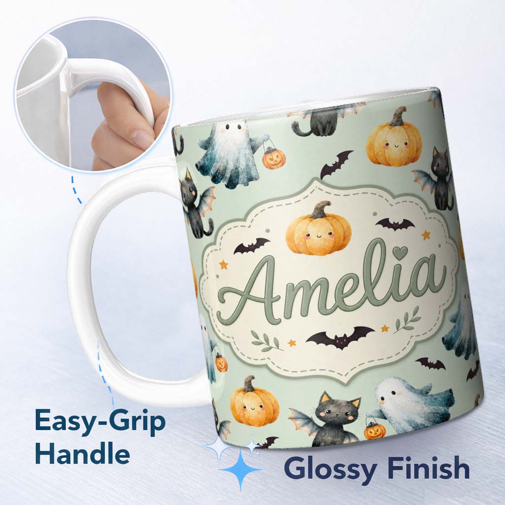 Personalized Custom Name Cute Halloween Ghost Pumpkin Bat Cat Seamless Pattern Sage Green 11oz Ceramic Coffee Tea Mug White Large Handle