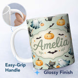 Personalized Custom Name Cute Halloween Ghost Pumpkin Bat Cat Seamless Pattern Sage Green 11oz Ceramic Coffee Tea Mug White Large Handle