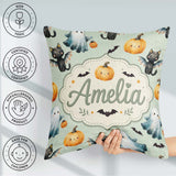 Custom Name Halloween Ghost Pumpkin Bat Cat Seamless Sage Green Square Filled Cushion Throw Pillow Sofa Bed Home Decor Zip Washable UK Made