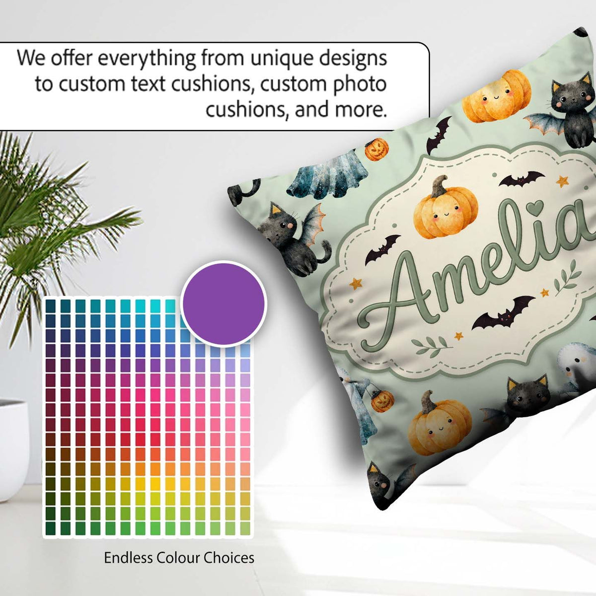 Custom Name Halloween Ghost Pumpkin Bat Cat Seamless Sage Green Square Filled Cushion Throw Pillow Sofa Bed Home Decor Zip Washable UK Made