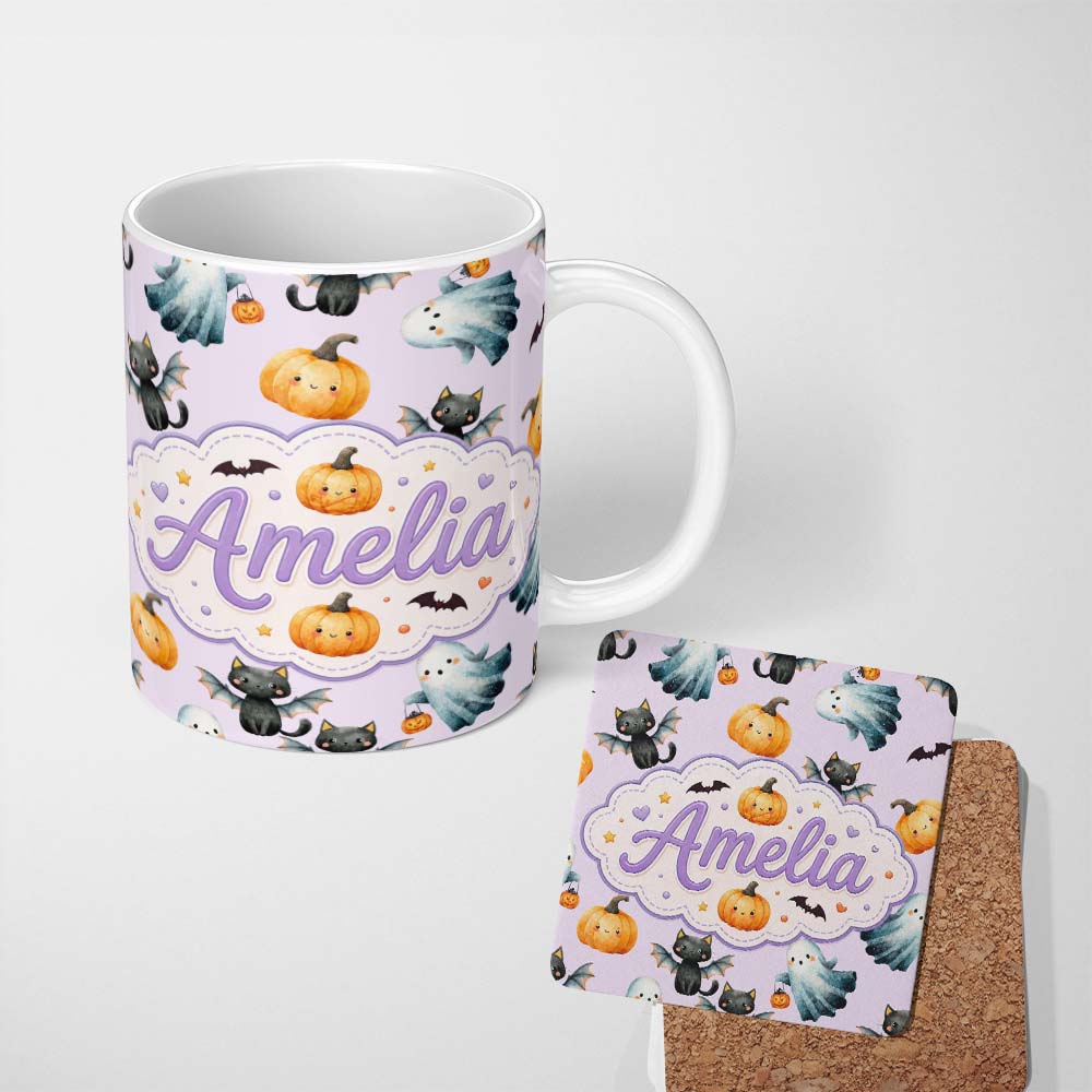 Personalized Custom Name Cute Halloween Ghost Pumpkin Bat Cat Seamless Pattern Soft Lilac 11oz Ceramic Coffee Tea Mug White Large Handle
