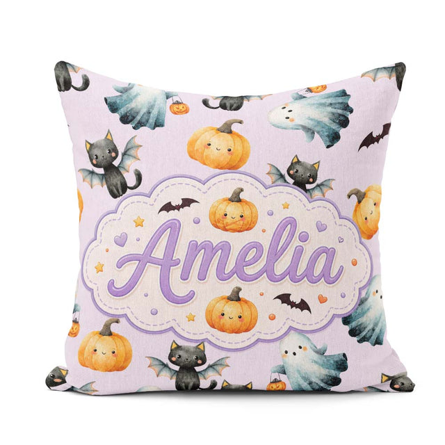 Custom Name Halloween Ghost Pumpkin Bat Cat Seamless Soft Lilac Square Filled Cushion Throw Pillow Sofa Bed Home Decor Zip Washable UK Made