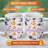 Personalized Custom Name Cute Halloween Ghost Pumpkin Bat Cat Seamless Pattern Soft Lilac 11oz Ceramic Coffee Tea Mug White Large Handle