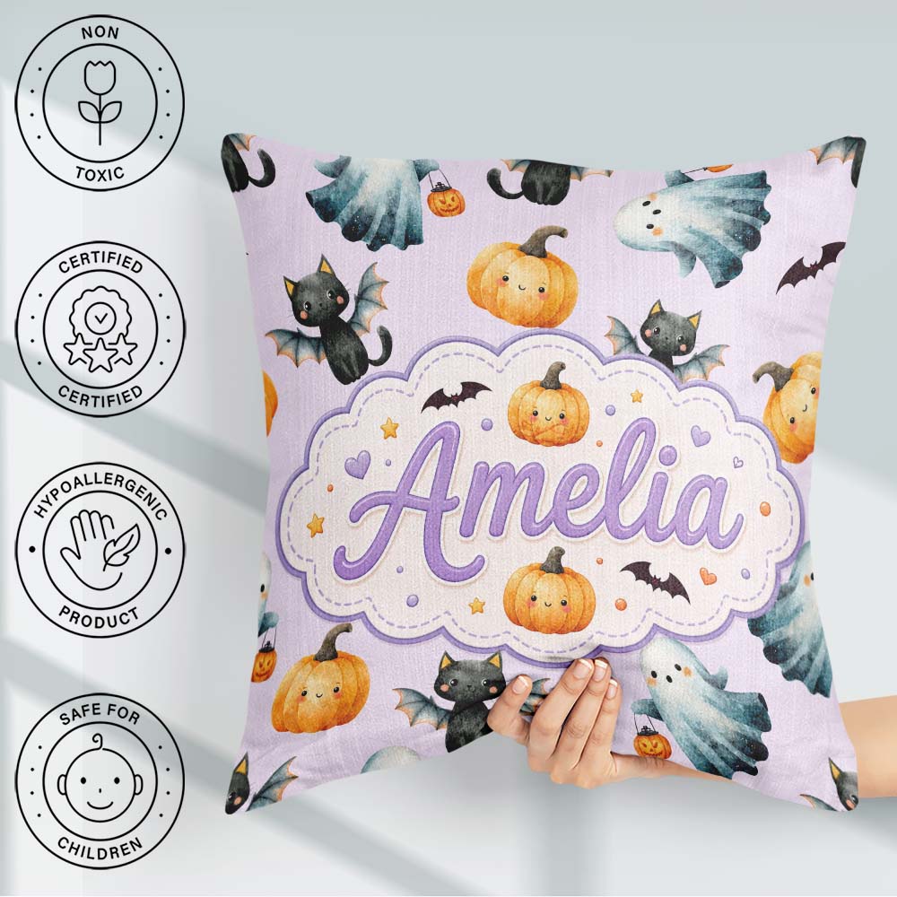 Custom Name Halloween Ghost Pumpkin Bat Cat Seamless Soft Lilac Square Filled Cushion Throw Pillow Sofa Bed Home Decor Zip Washable UK Made