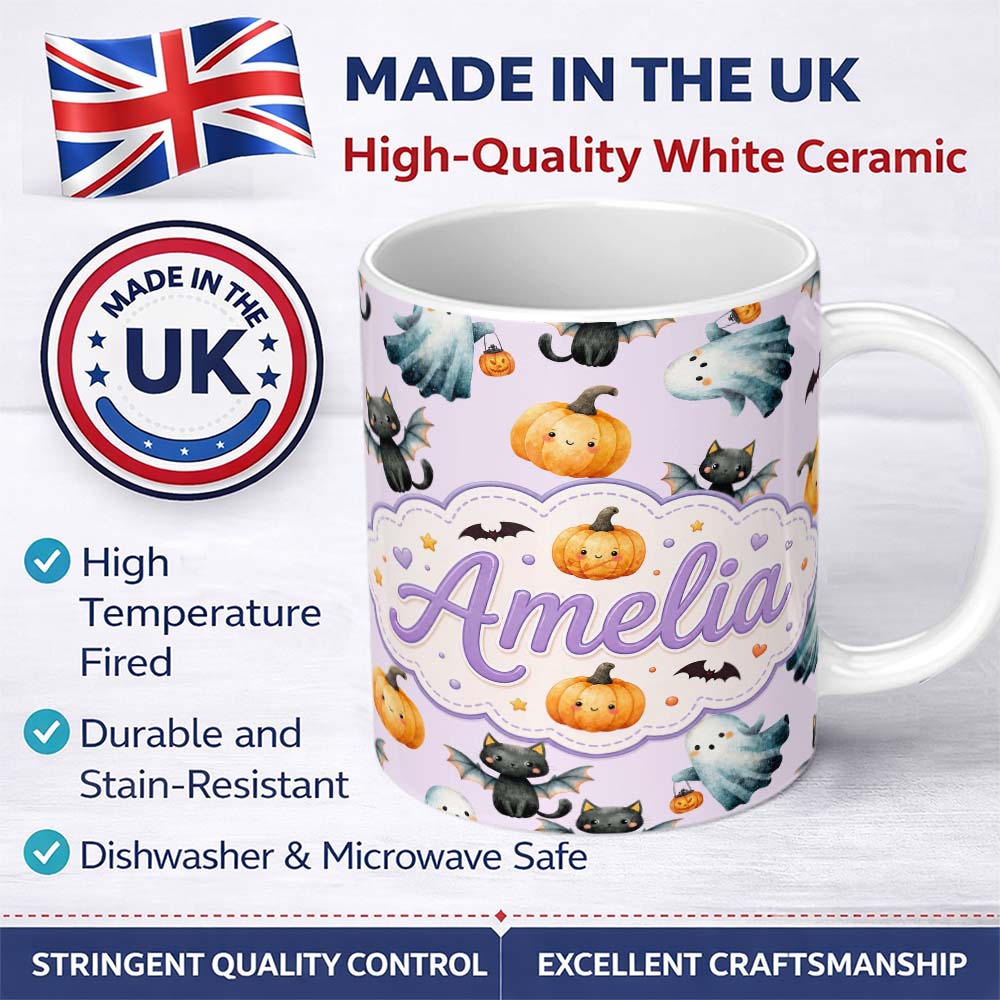 Personalized Custom Name Cute Halloween Ghost Pumpkin Bat Cat Seamless Pattern Soft Lilac 11oz Ceramic Coffee Tea Mug White Large Handle