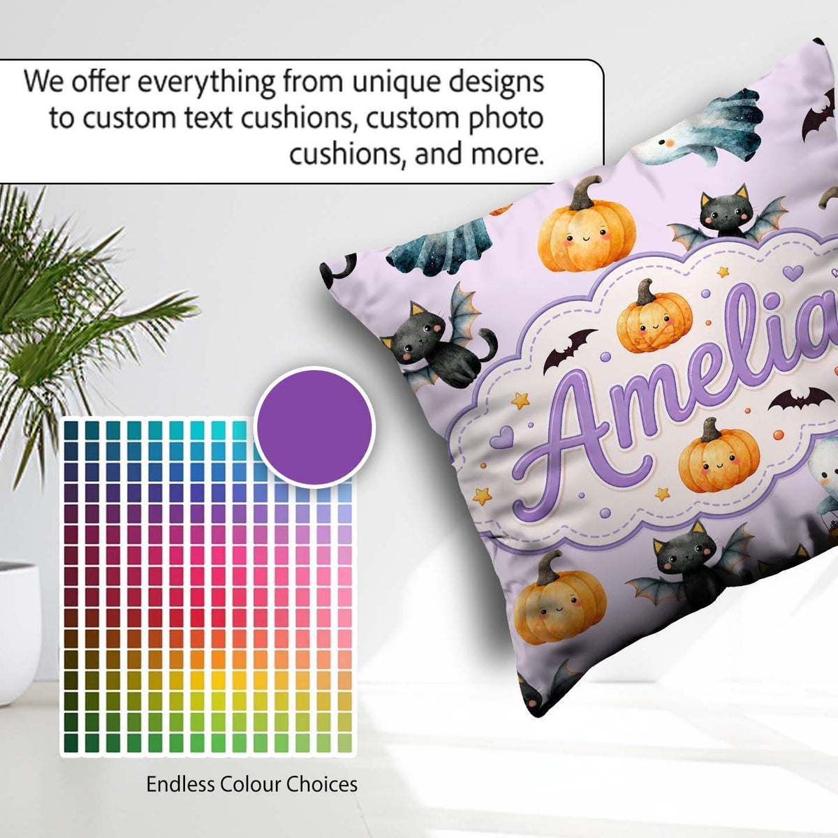 Custom Name Halloween Ghost Pumpkin Bat Cat Seamless Soft Lilac Square Filled Cushion Throw Pillow Sofa Bed Home Decor Zip Washable UK Made
