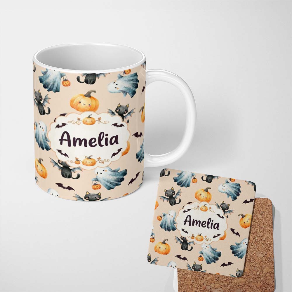 Personalized Custom Name Cute Halloween Ghost Pumpkin Bat Cat Seamless Pattern Warm Beige 11oz Ceramic Coffee Tea Mug White Large Handle
