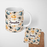Personalized Custom Name Cute Halloween Ghost Pumpkin Bat Cat Seamless Pattern Warm Beige 11oz Ceramic Coffee Tea Mug White Large Handle