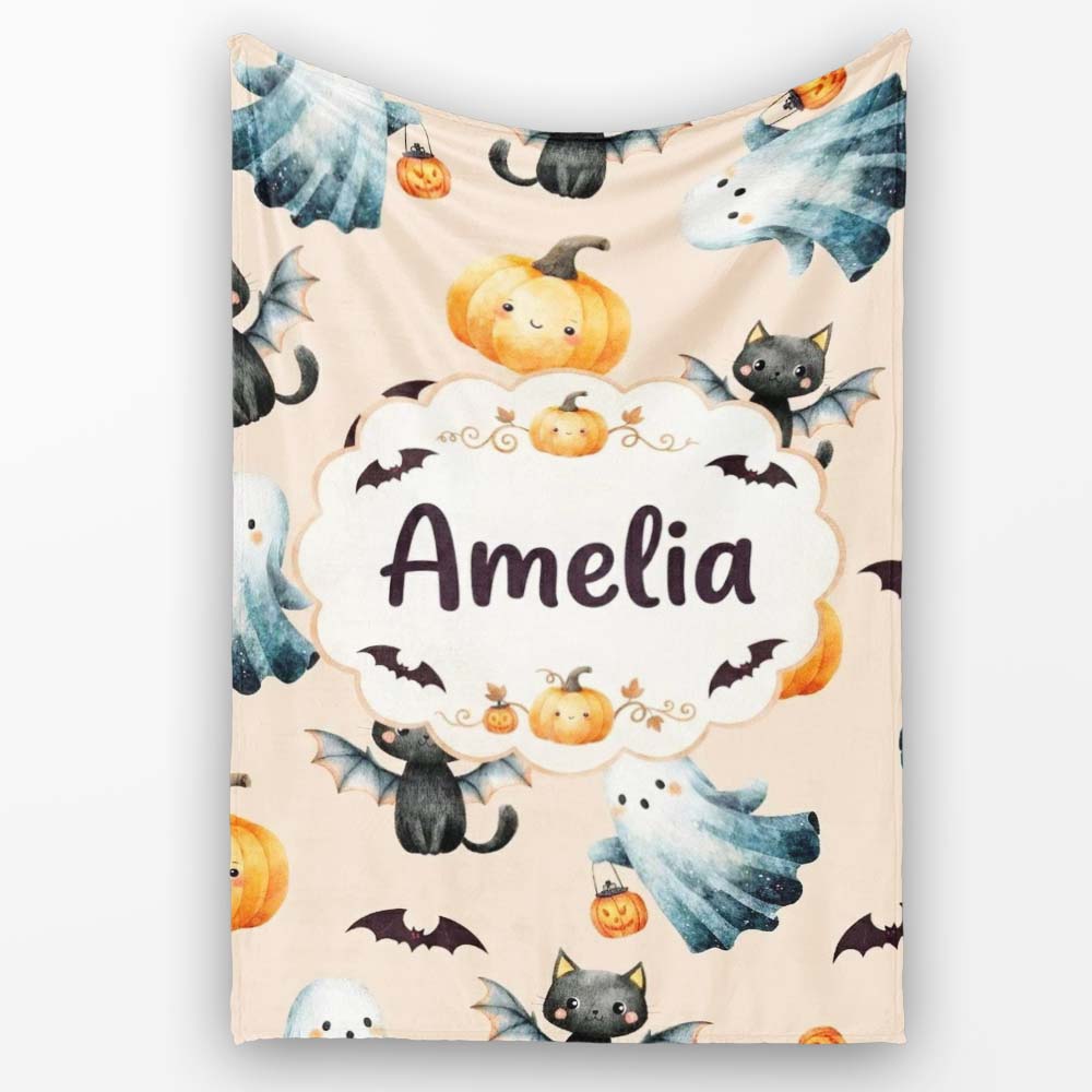 Cute Halloween Ghost Pumpkin Bat Cat Seamless Pattern Warm Beige  Personalised Custom Name Super Soft Fleece Blanket Bed Sofa Throw