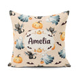 Custom Name Halloween Ghost Pumpkin Bat Cat Seamless Warm Beige Square Filled Cushion Throw Pillow Sofa Bed Home Decor Zip Washable UK Made