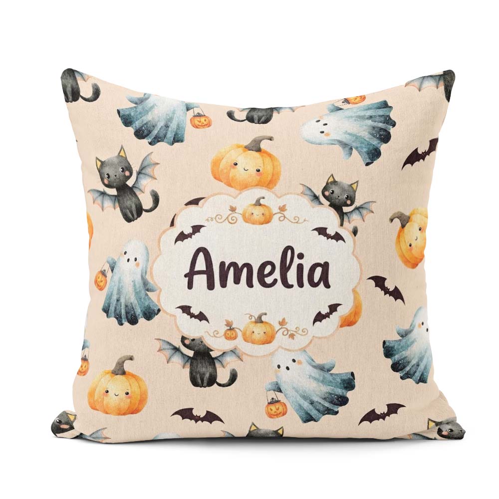 Custom Name Halloween Ghost Pumpkin Bat Cat Seamless Warm Beige Square Filled Cushion Throw Pillow Sofa Bed Home Decor Zip Washable UK Made