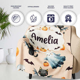 Cute Halloween Ghost Pumpkin Bat Cat Seamless Pattern Warm Beige  Personalised Custom Name Super Soft Fleece Blanket Bed Sofa Throw