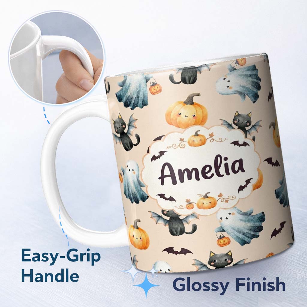 Personalized Custom Name Cute Halloween Ghost Pumpkin Bat Cat Seamless Pattern Warm Beige 11oz Ceramic Coffee Tea Mug White Large Handle