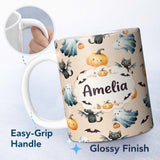 Personalized Custom Name Cute Halloween Ghost Pumpkin Bat Cat Seamless Pattern Warm Beige 11oz Ceramic Coffee Tea Mug White Large Handle