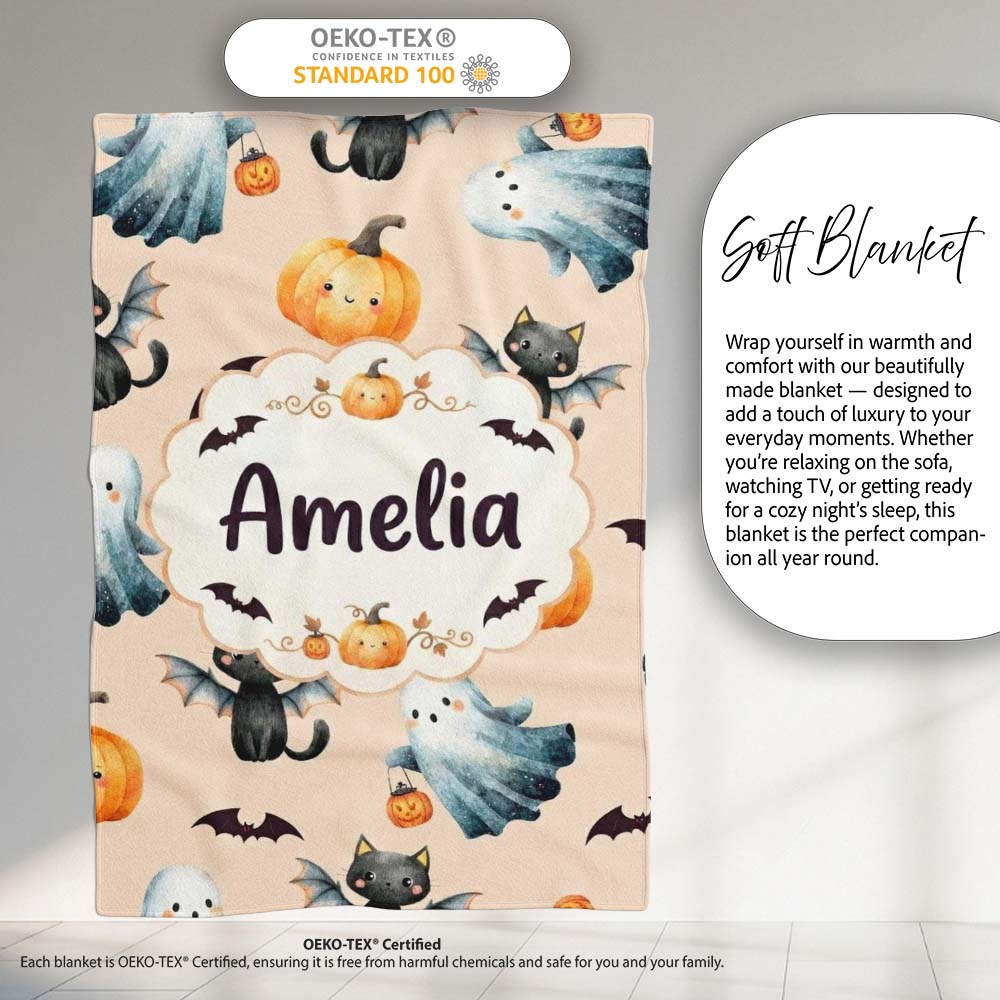 Cute Halloween Ghost Pumpkin Bat Cat Seamless Pattern Warm Beige  Personalised Custom Name Super Soft Fleece Blanket Bed Sofa Throw