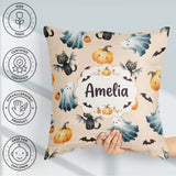 Custom Name Halloween Ghost Pumpkin Bat Cat Seamless Warm Beige Square Filled Cushion Throw Pillow Sofa Bed Home Decor Zip Washable UK Made