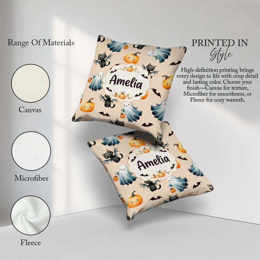 Custom Name Halloween Ghost Pumpkin Bat Cat Seamless Warm Beige Square Filled Cushion Throw Pillow Sofa Bed Home Decor Zip Washable UK Made