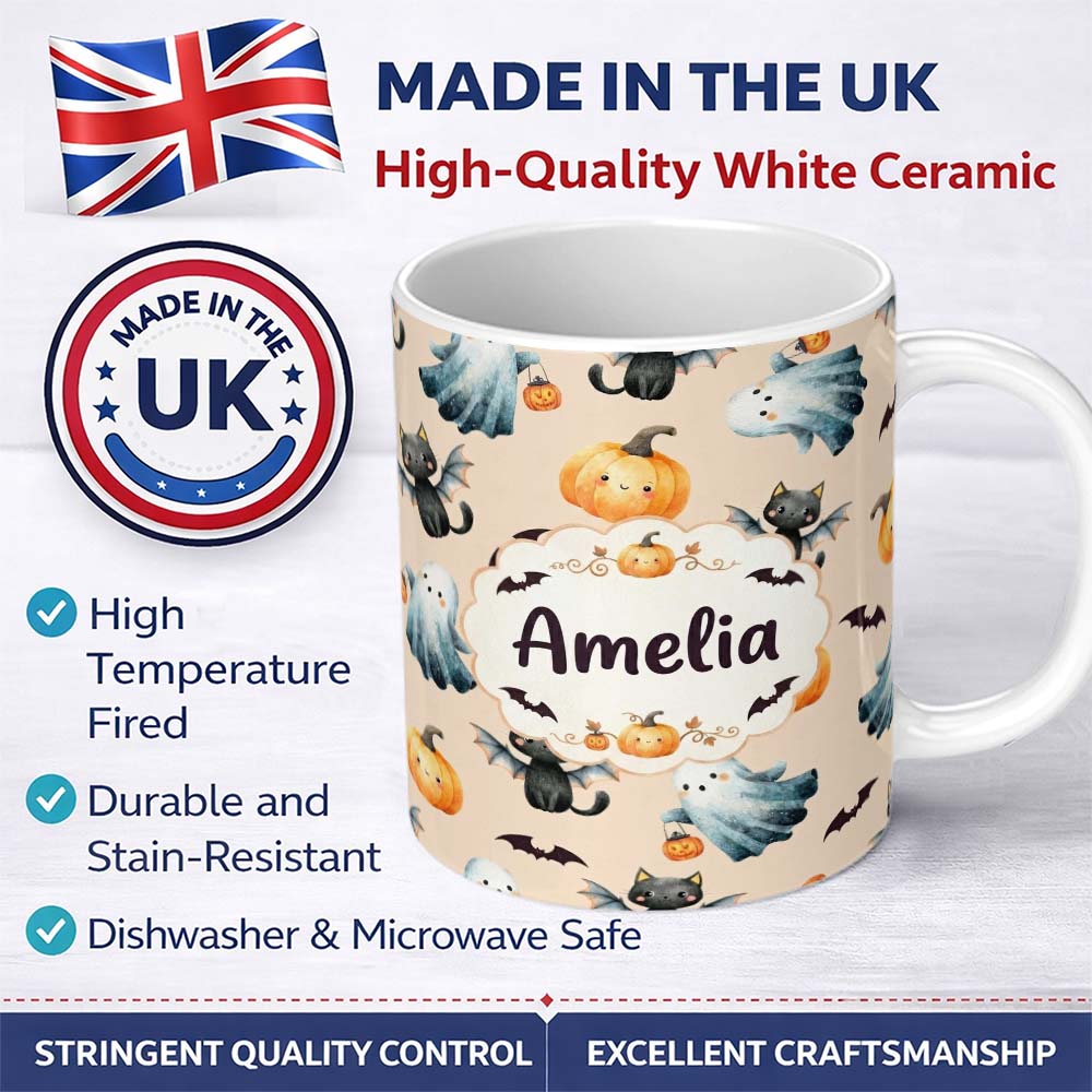 Personalized Custom Name Cute Halloween Ghost Pumpkin Bat Cat Seamless Pattern Warm Beige 11oz Ceramic Coffee Tea Mug White Large Handle