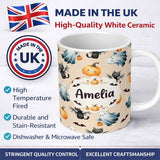Personalized Custom Name Cute Halloween Ghost Pumpkin Bat Cat Seamless Pattern Warm Beige 11oz Ceramic Coffee Tea Mug White Large Handle