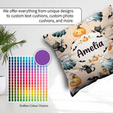 Custom Name Halloween Ghost Pumpkin Bat Cat Seamless Warm Beige Square Filled Cushion Throw Pillow Sofa Bed Home Decor Zip Washable UK Made