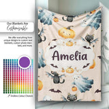 Cute Halloween Ghost Pumpkin Bat Cat Seamless Pattern Warm Beige  Personalised Custom Name Super Soft Fleece Blanket Bed Sofa Throw